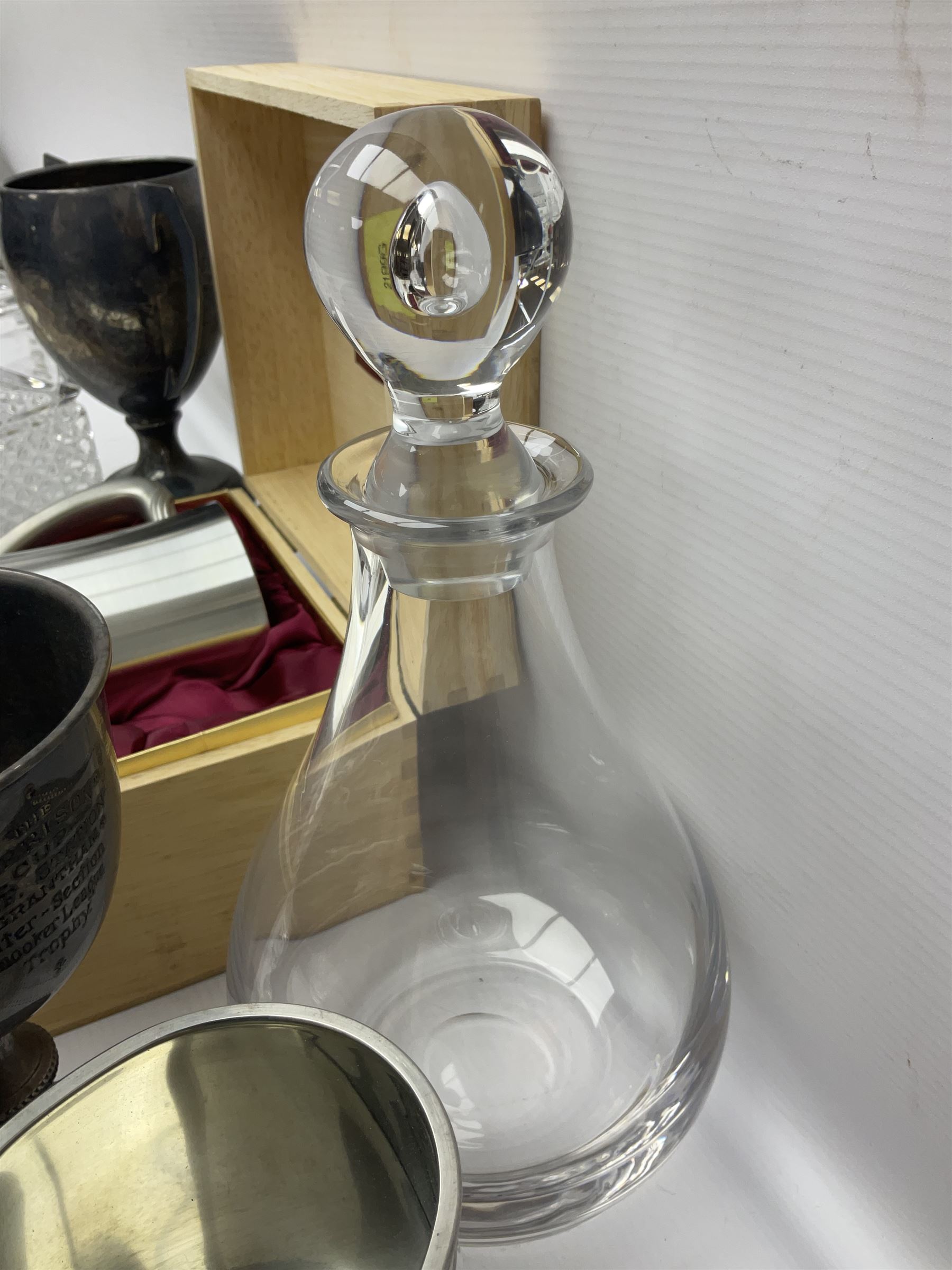 German Bleikristall decanter, set of six Stuart Crystal glasses, a Dartington Crystal decanter, christmas lights and a collection of pewter tankards, etc 