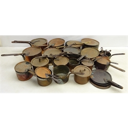  Collection of 19th century and later tinned copper lidded sauce pans, stamped E. Dehillerin, R.P.L, Helvetia, B.D & Co. New York and others, some un lidded, D19cm max   