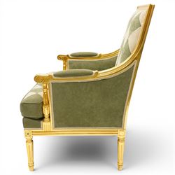 Meritalia - French Empire design gilt framed armchair, the high back over scrolled arm terminals, reeded bottom rail over fluted tapering supports, upholstered in sage green and cream lozenge patterned suede fabric with loose seat cushion
Notes: By vendor's repute originally commissioned in the 1990s by Prince Jefri Bolkiah and the Brunei royal family for use in guest suites.