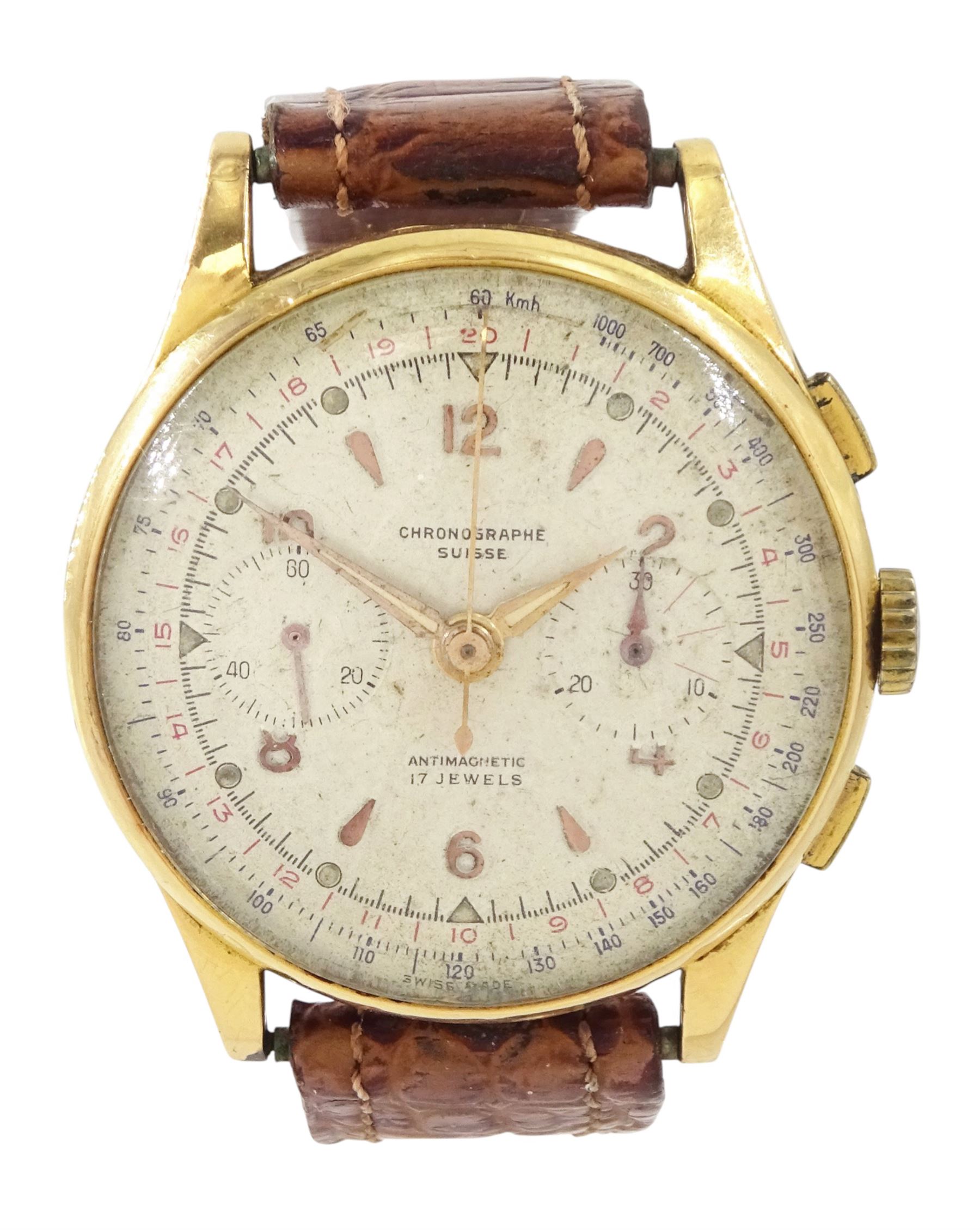 Chronographe Suisse gentleman's 18ct gold manual wind chronograph wristwatch, circa 1950, silvered dial with dagger and Arabic hour markers, subsidiary dials at 3 and 9 for seconds and 30 minute recording, stamped 18K 750 with Helvetia hallmark, on brown leather strap