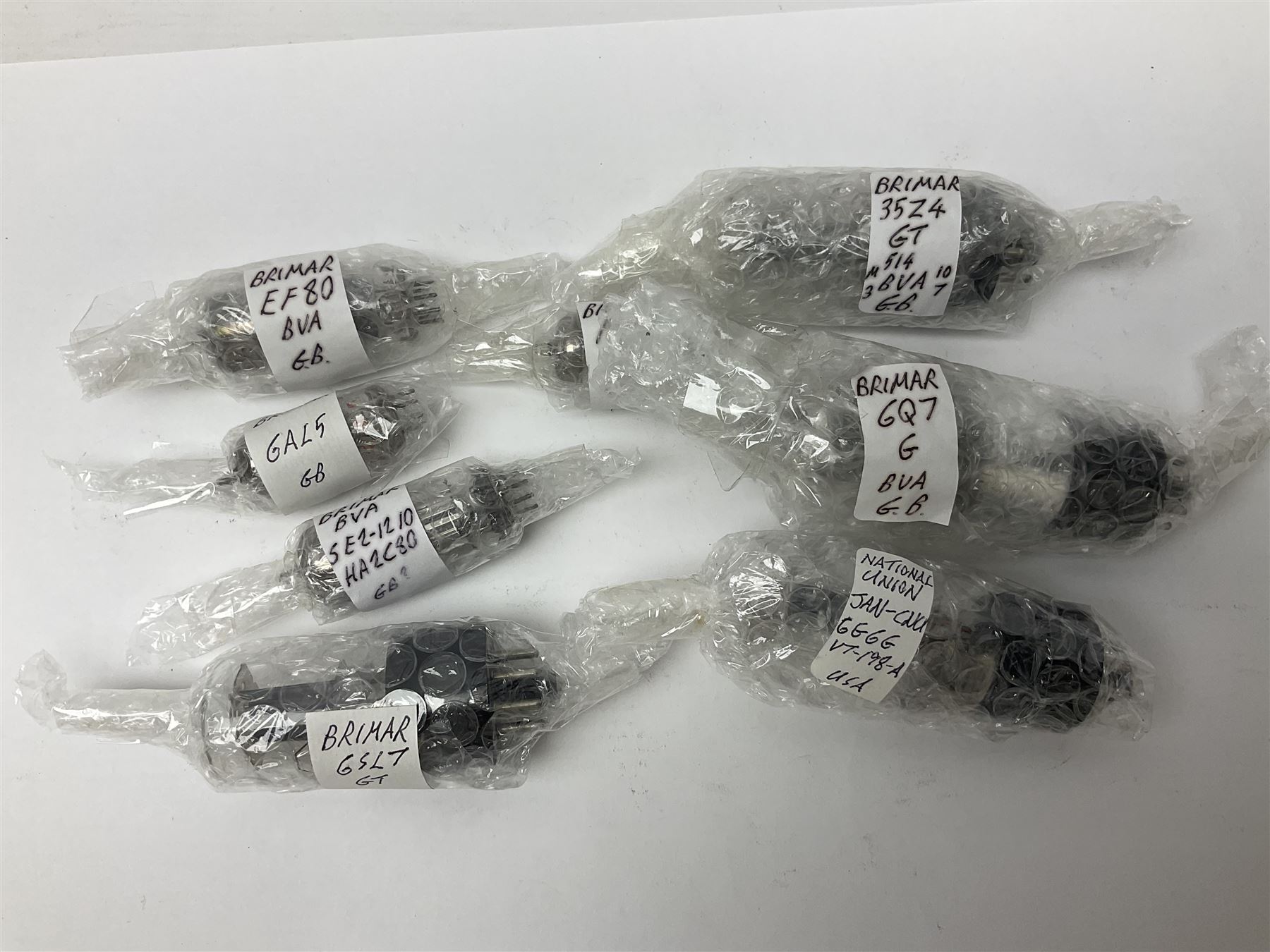 Collection of Brimar thermionic radio valves/vacuum tubes, including EF80, 6U4GT, 6A8G, 6K8GT, etc approximately 20 as per list, unboxed