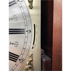 Fenclocks Suffolk - contemporary mahogany longcase clock, stepped arch hood with plain pilaster columns, moon phase dial and silvered Roman chapter ring, with chime set/silent lever, triple weight driven quarter chiming movement