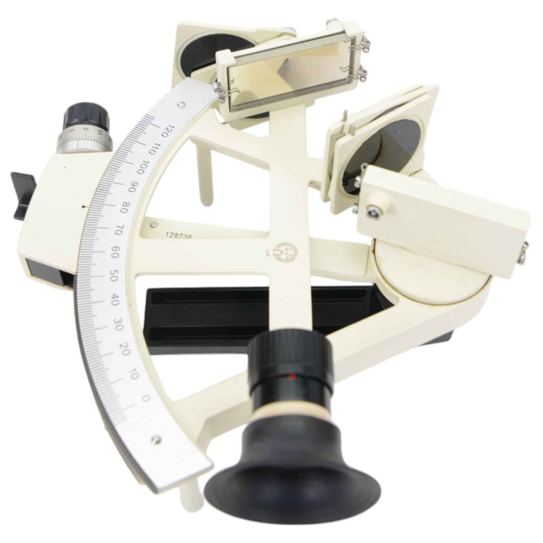 Freiberger Prazisionsmechanik yacht sextant, serial no.128736, with painted white framework, contained within fitted wooden case with instruction manual and service certificate dated 1982