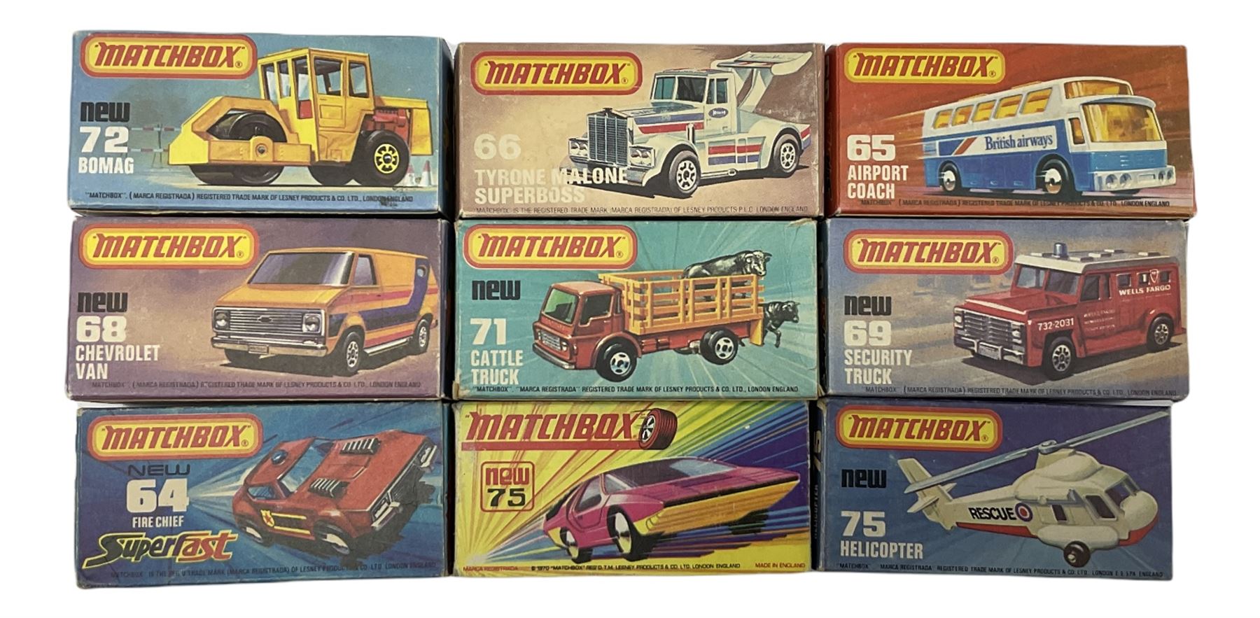 Matchbox/Superfast - nine '1-75' series models comprising 64d Fire Chief car, 65e Airport Coach, 66f Tyrone Malone Superboss, 68e Chevrolet Van, 69e Security Truck, 71e Cattle Truck, 72d Bomag Road Roller, 75c Alfa Carabo and 75e Helicopter; all boxed; and eight unboxed and playworn models (17)