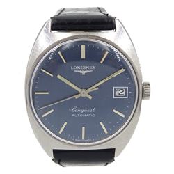 Longines Conquest gentleman's stainless steel wristwatch, blue dial with date aperture, Cal. L633.1, case No. 1578-1-633, on black leather strap