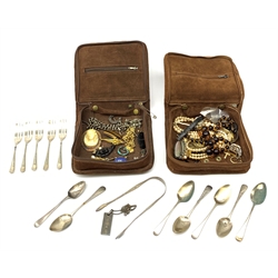 Georgian and later silver flatware hallmarked, silver ingot, silver marcasite brooch, gold nugget and other vintage and later costume jewellery in two leather pouches