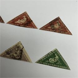 Six used Cape of Good Hope imperf triangle stamps, three one penny, fourpence, sixpence and one shilling