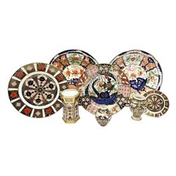 Group of Royal Crown Derby decorated in Imari 1128 pattern, comprising hexagonal vase, trinket dish and plate, together with two early 19th century Derby Imari pattern vases of baluster form and three Victorian Imari plates 