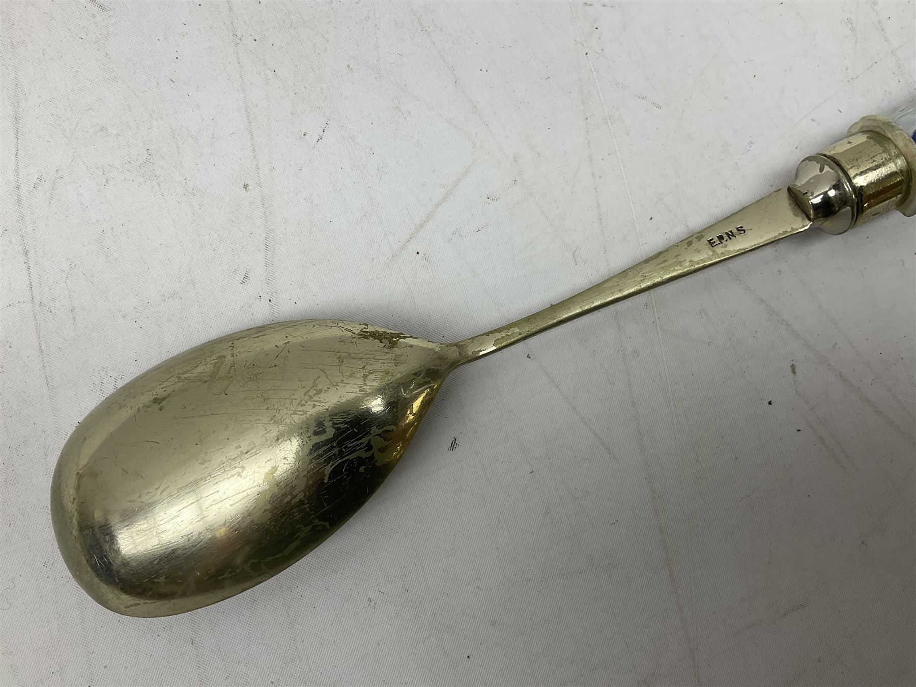 Wedgwood blue Jasperware salad bowl with silver plated collar and matching servers, bowl D22.5cm