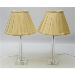  Pair pyramid glass table lamps with champagne silk shades, H44cm  