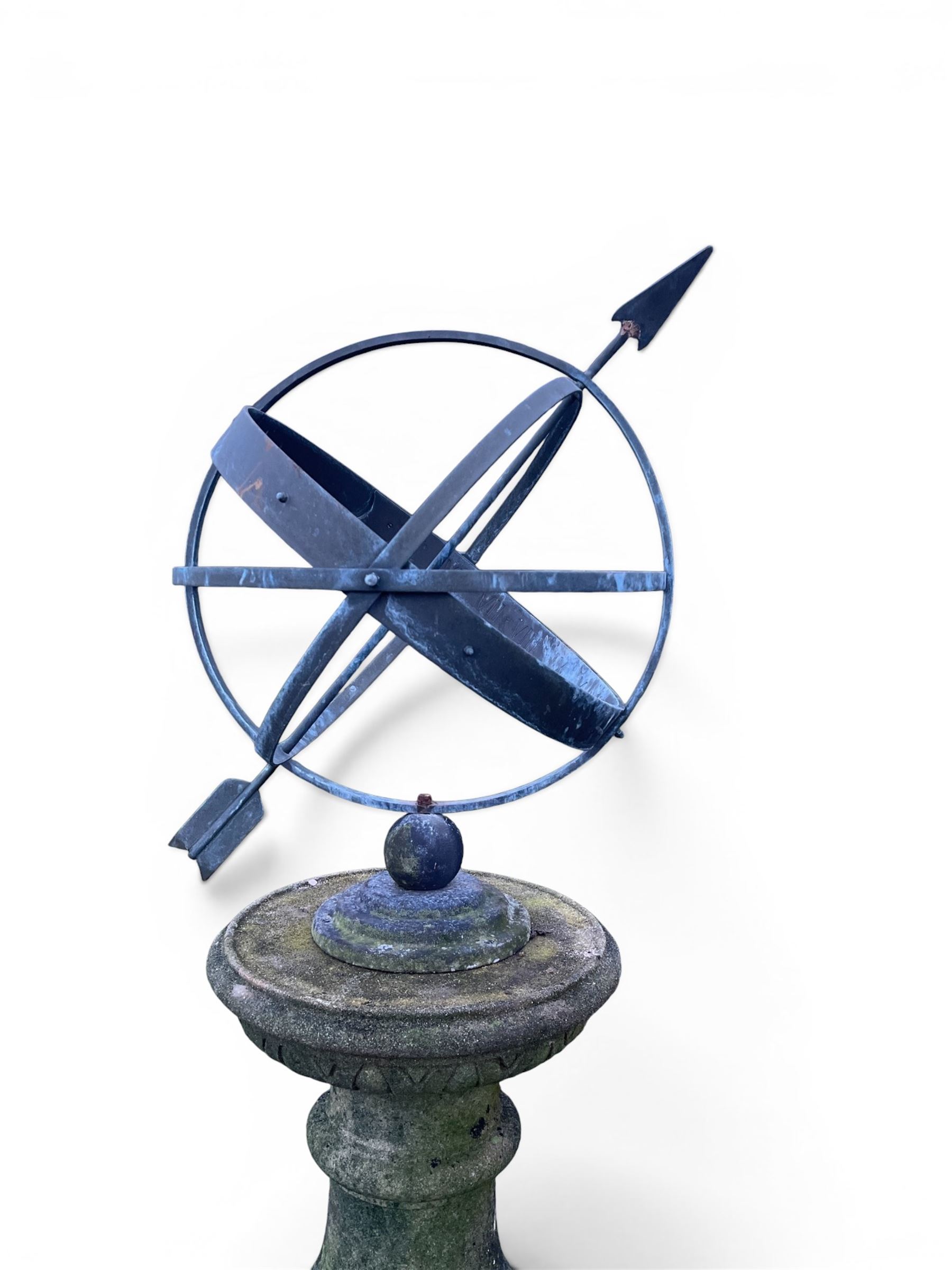 Impressive Haddon stone armillary sundial, raised on column pedestal with octagonal base, seated on weathered sectional plinth, measurements without plinth.
Plinth: 140cm x 140cm