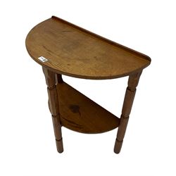 Yorkshire oak - demi-lune two tier hall table, on octagonal supports