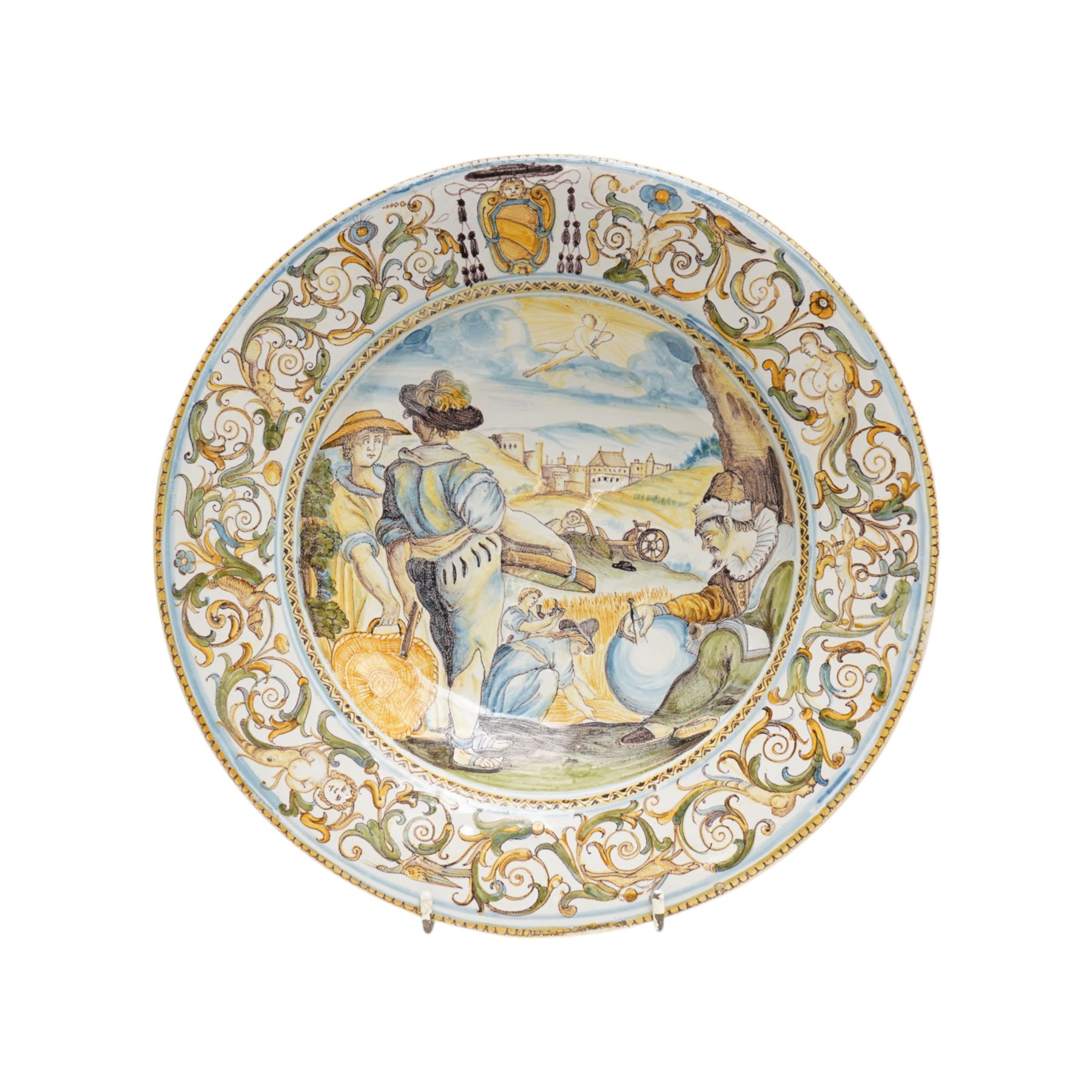 Pair of 19th century Italian majolica plates decorated in 17th century Castelli design with  figures and landscapes etc D27.5cm