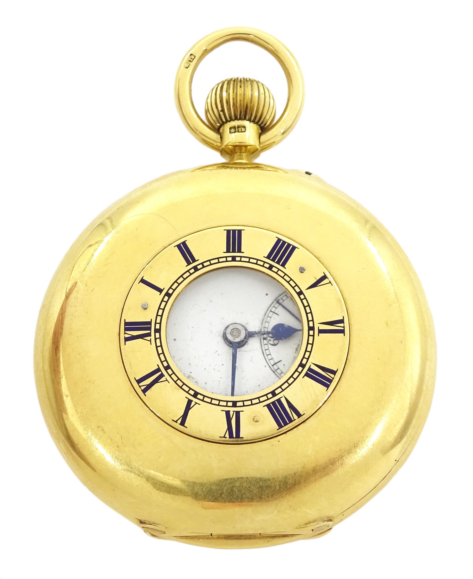 Edwardian 18ct gold half hunter keyless lever pocket watch by Manoah Rhodes & Sons Ltd, Bradford, No. 14478, white enamel dial with Roman numerals and subsidiary seconds dial, back case with engraved monogrammed initials, case makers mark JG, London 1905