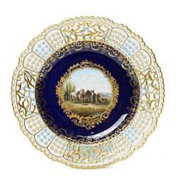 19th century Meissen cabinet plate, the reticulated border modelled with trellis panels an...