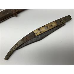 19th century continental folding knife with 15.5cm single edged blade, the pierced brass and iron handle with remains of horn grips L21.5cm overall closed; turned horn handled knife with foliate engraved blade; battlefield relic German 1884/98 knife bayonet; iron spear head; leather covered swagger stick; and two-piece gun cleaning rod