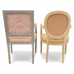 Set of two French design fauteuil armchairs upholstered in pink fabric, one with oval medallion back and padded arms on fluted tapering supports (H 97cm, W 58cm, D 54cm), the other with rectangular padded back, scroll arms and fluted tapering supports (H 99cm, W 60cm, D 60cm)