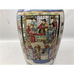 Large 19th century Chinese Canton famille rose vase, decorated in polychrome enamels with panels of warriors and elders, against a ground decorated with blossoming flowers and birds, the shoulders and neck with applied foo dogs and serpents, H61.5cm