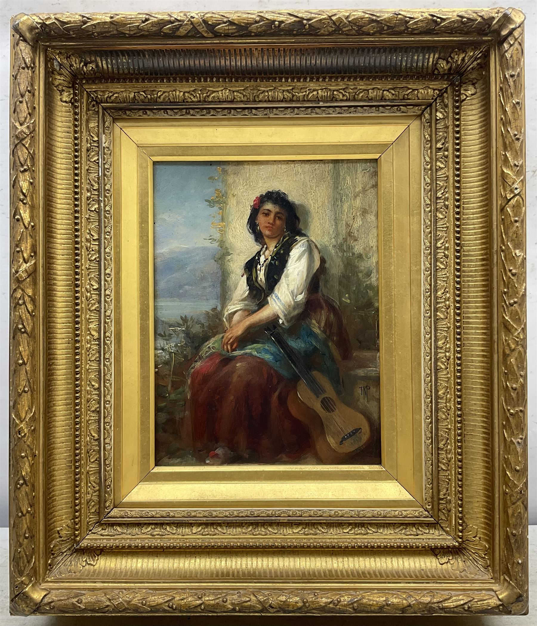 Thomas Kent Pelham (British fl.1860-1891): Young Spanish Lady with Guitar, oil on mahogany panel signed with initials, further signed and dated 1889 verso 24cm x 18cm