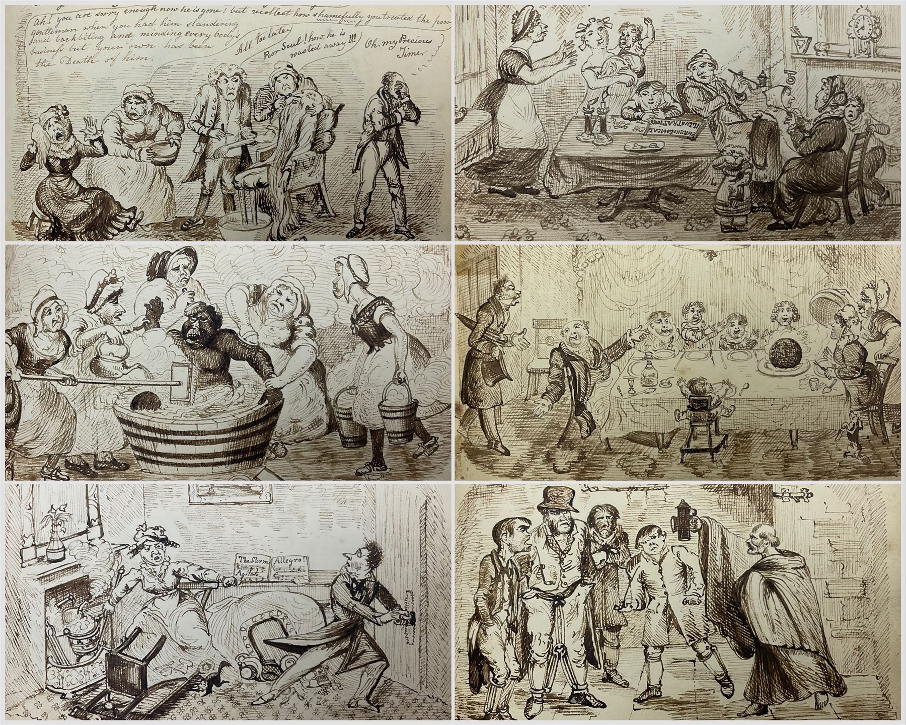 George Cruikshank (British 1792-1878): 'Illustrations of Time', original sketchbook containing eighteen preliminary pen and ink  sketches for the folio pub. 1827, signed in the title page with inscriptions for each sketch 12cm x 19cm
