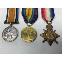 WW1 group of three medals comprising British War Medal, 1914-15 Star and Victory Medal awarded to 61813 Bmbr. E. Robbins R.F.A./R.A.; with ribbons