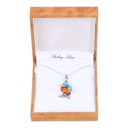 Silver amber and tortoise shell Kingfisher pendant necklace, boxed