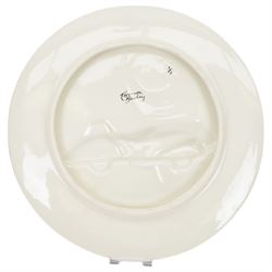 Lorna Bailey charger, limited edition no. 1/1, decorated with a race car in relief within bright stylised landscape, signed verso, D34.5cm