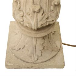 Carved stone finial lamp, including fittings, H46cm 