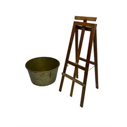 Large 19th century brass bucket or log store (D66cm, H42cm); together with a 20th century pine easel (H127cm)