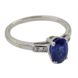 18ct white gold oval sapphire ring, with diamond set shoulders, hallmarked