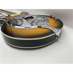 Eastwood of Canada Delta 4 electric four-string tenor resonator guitar with tobacco sunburst finish, serial no.1703437 L100cm; in original soft carrying case