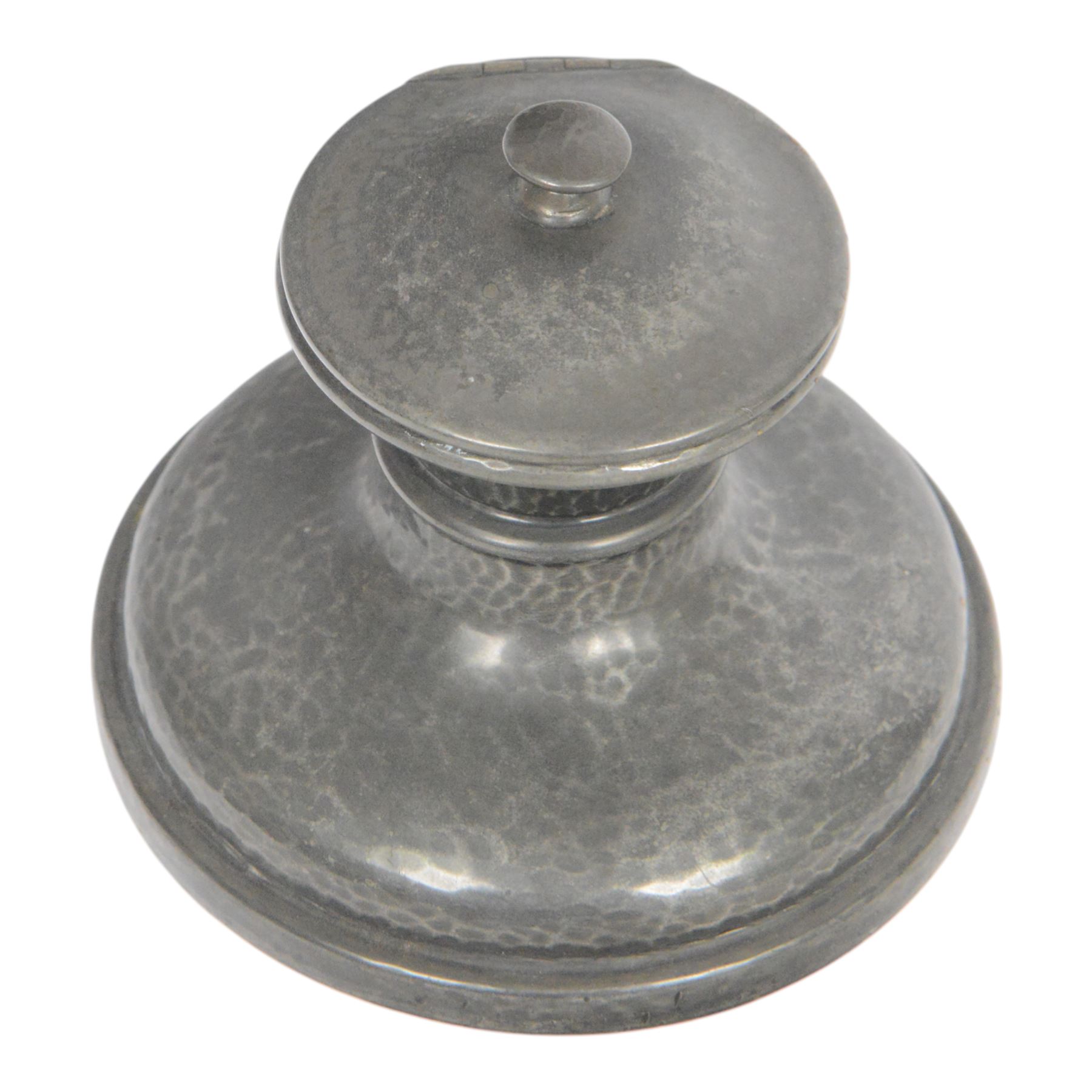 Liberty Tudric pewter ink well, the hinged lid opening to reveal original bakelite liner, stamped marks to base Tudric English Pewter Liberty & Co 01135