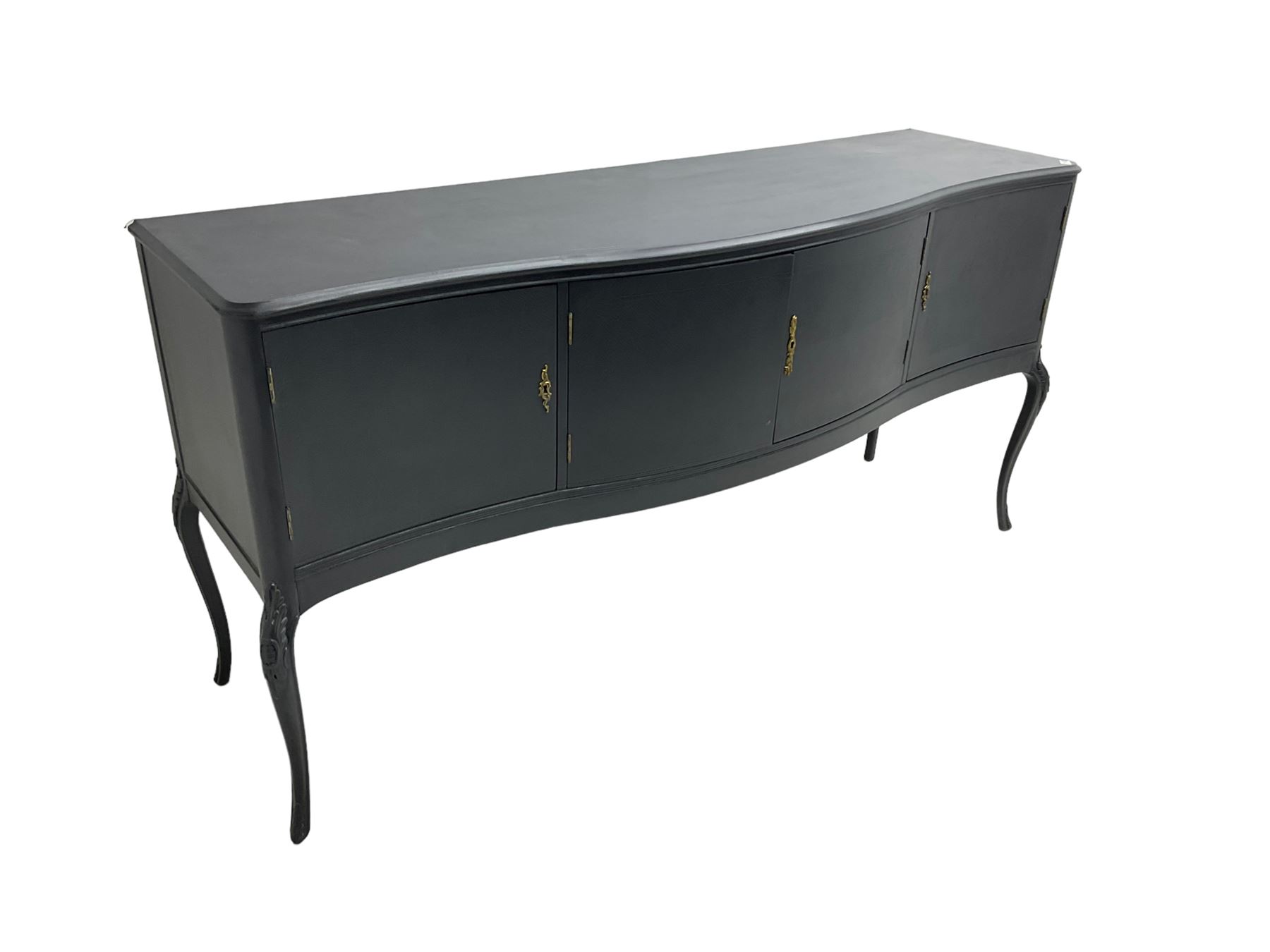 French design grey painted teak serpentine sideboard, the shaped front fitted with central double cupboard flanked by two single cupboards, each concealing drawer, on cabriole supports