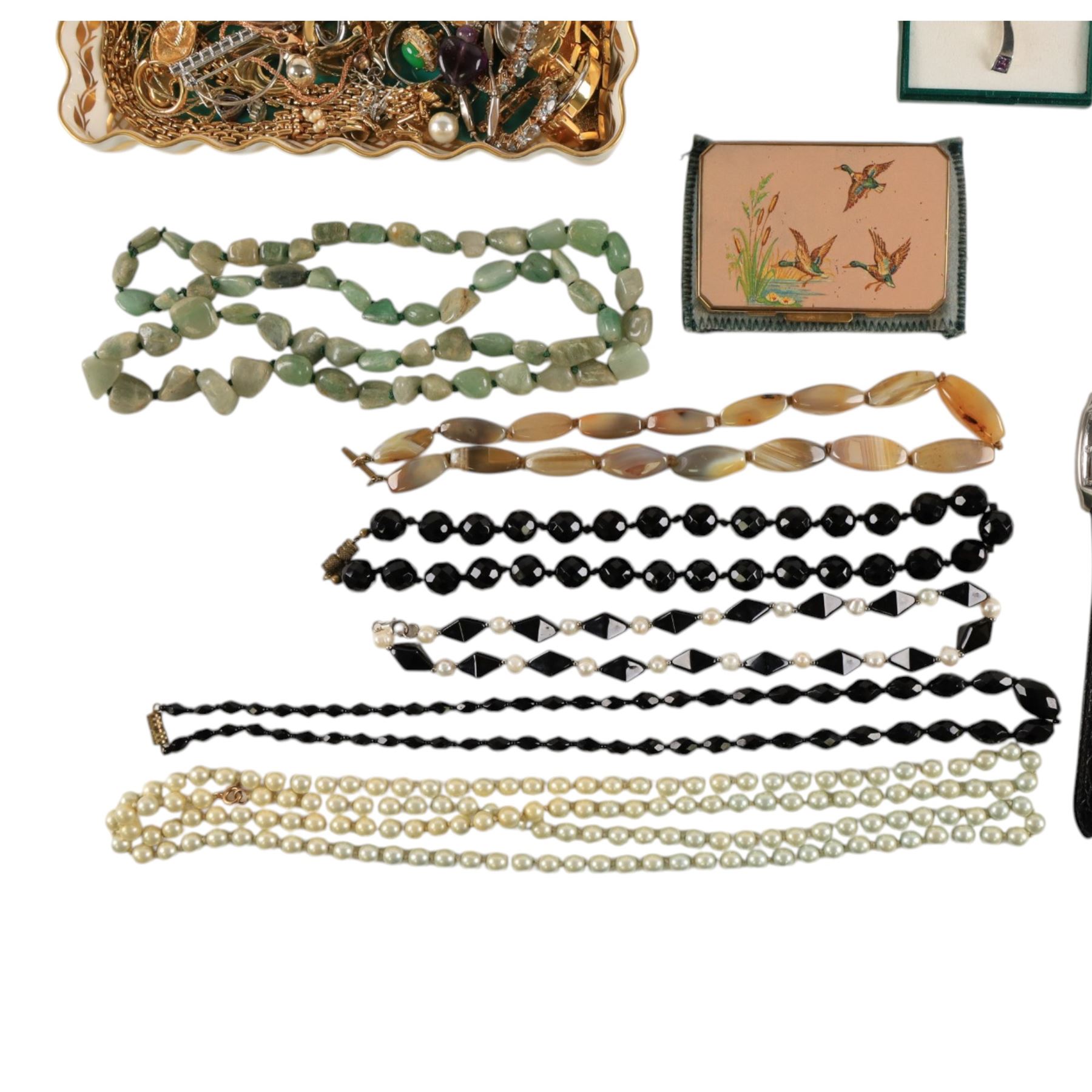 Collection of silver stone set jewellery, including pendant necklace and earrings, together with a collection of costume jewellery rings, earrings, beaded necklaces and two wristwatches