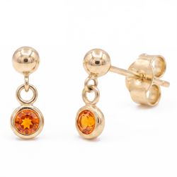 Pair of 9ct gold fire opal pendant earrings, each stud set with a single round cut opal, stamped 375