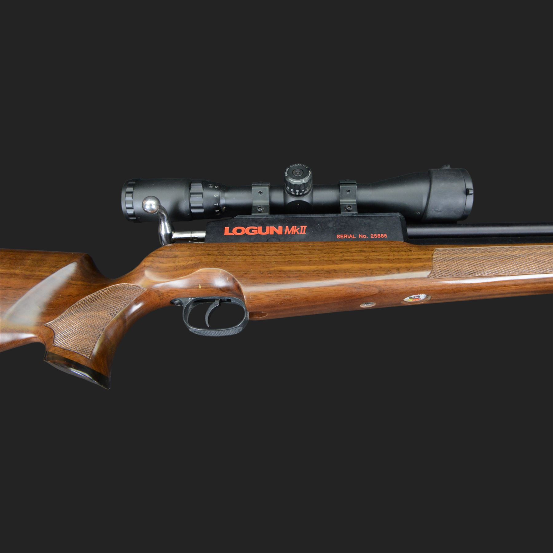 Logun MK2 22 Cal. air rifle, serial no 25885, with ASG fitted sight, bi-pod stand and fitted moderator  