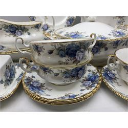 Royal Albert Moonlight Rose pattern dinner service for six, to include, dinner plates, bowls, soup bowls, twin handled soup bowls with saucers, twelve side plates, twin handled soup tureen with cover, twin handled serving dish and cover, sauce boat and saucer, teapot and warmer etc (51)