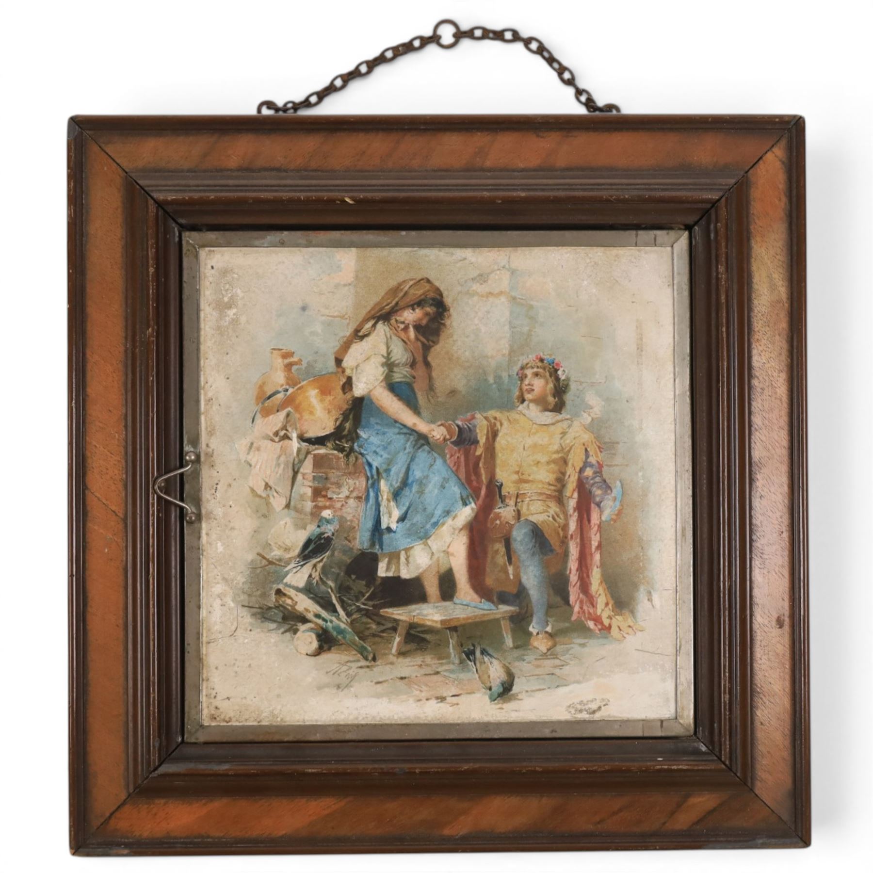 Late 19th century framed triple folding mirror, with two panels lithographed with courting scenes, H30cm, W30cm