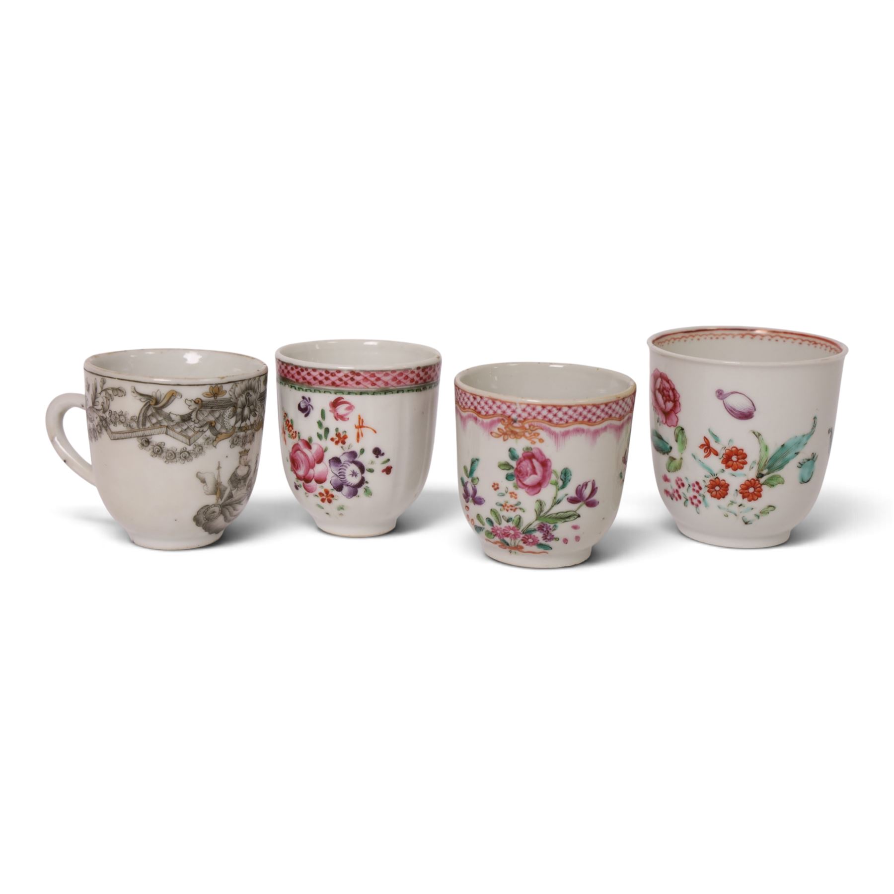18th century Chinese export grisaille cup, decorated with Juno, the Roman Goddess of marriage together with another grisaille tea bowl and other tea bowls and cups