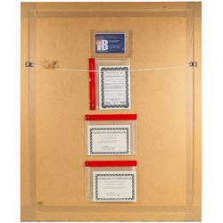 Limited edition Star Wars print 'The Voyage Begins' by Stewart Robinson numbered 516/1701, framed above three signed photographs of William Shatner as Captain James T. Kirk, Leonard Nimoy as Mr Spock and The Star Trek Legendary Four, all with certificates of authenticity verso, frame H109cm, W90cm