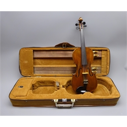  Early 20th century violin by E.R.Schmidt & Co with 36cm two-piece maple back and ribs and spruce top, bears signed label inscribed 'Antonius Stradivarius Made by E.R.Schmidt & Co. Violin Makers Saxony. Only genuine when bearing our written signature', L59.5cm, in fitted carrying case  
