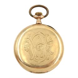 Early 20th century 9ct gold open face keyless lever pocket watch, white enamel dial with Arabic numerals and subsidiary seconds dial, stamped 9K