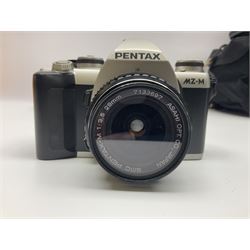 Four camera bodies, to include, Ricoh KR-10 serial no. 38826, Pentax MZ-M serial no. 4185969 with 'SMC Pentax- M 1:3.5 28mm' lens, Canon EOS500 serial no. 080927, with 'Sigma Zoom 100-300mm 1:4.5-6.7 DL'  lens etc, with other camera lenses and equipment 