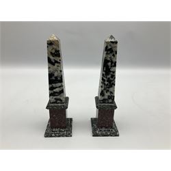 Pair of 19th century Grand Tour marble, granite and porphyry obelisks, each of tapering form upon square plinth and stepped base, H20cm