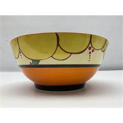 Clarice Cliff Fantasque Bizarre for Newport Pottery, Summerhouse pattern bowl, c.1931-1933, the exterior painted with stylised trees with yellow foliage and clouds bordered by black and orange bands, with black printed marks and impressed 1 1/2 beneath, D18.5cm