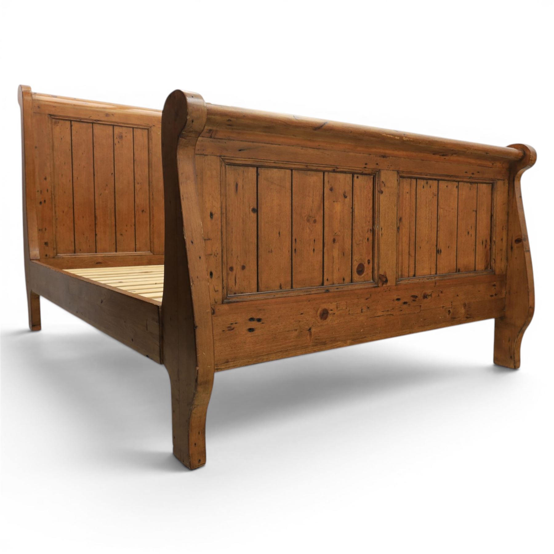 Barker & Stonehouse - rustic waxed pine double sleigh bed, with wooden slats
