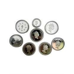 Eight modern silver proof World coins, including United Kingdom 1993 'Coronation 40th Anniversary' five pounds, Alderney 1995 '50th Anniversary of the end of World War II' one pound and 1995 'Honouring the life of H.M. Queen Elizabeth The Queen Mother' five pounds, Falkland Islands 1995 'Lady of the Century' fifty pence etc, all with certificates 