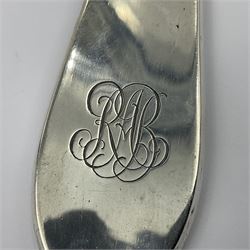 Edwardian silver handled page turner with engraved monogram to the rounded handle, and tortoiseshell blade, hallmarked Birmingham 1906, makers mark worn and indistinct, with retailer's mark for Mappin & Webb Ltd, L33cm