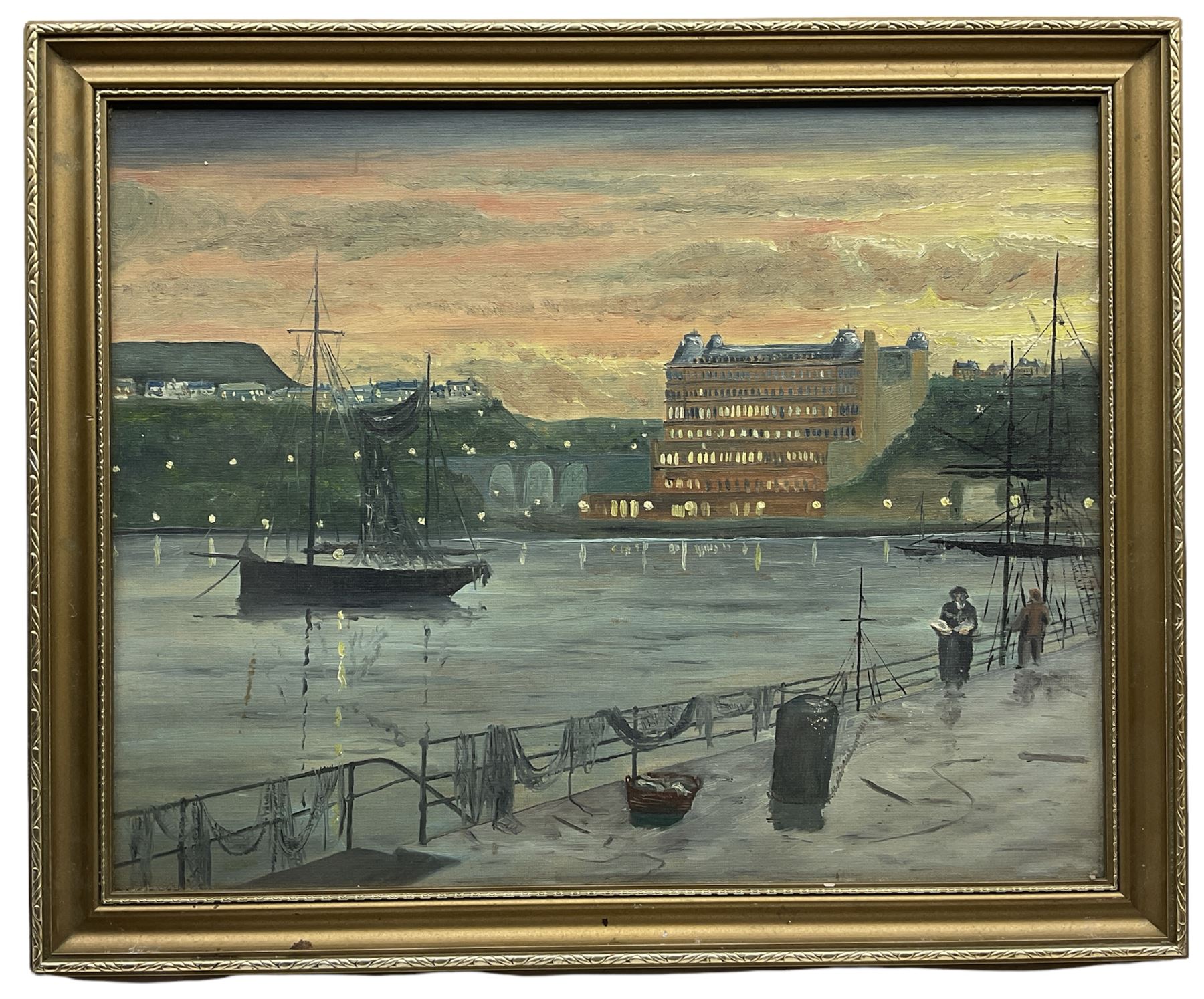 Robert Sheader (British 20th century): Grand Hotel Scarborough at Dusk, oil on board after Atkinson Grimshaw unsigned 39cm x 49cm