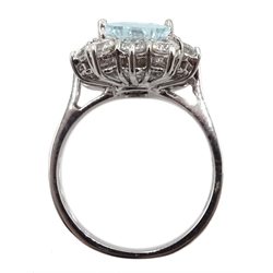 18ct white gold emerald cut aquamarine and diamond cluster ring, hallmarked, aquamarine approx 1.85 carat, diamond total weight approx 1.30 carat
[image code: 4mc]